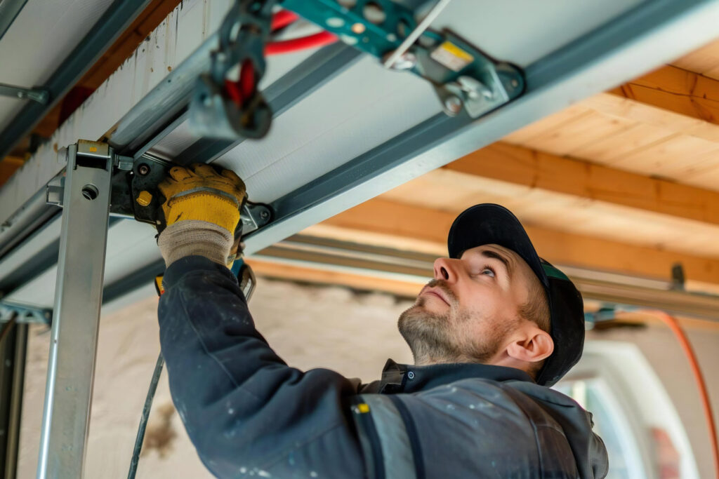 Man installing garage door gate for home repair.